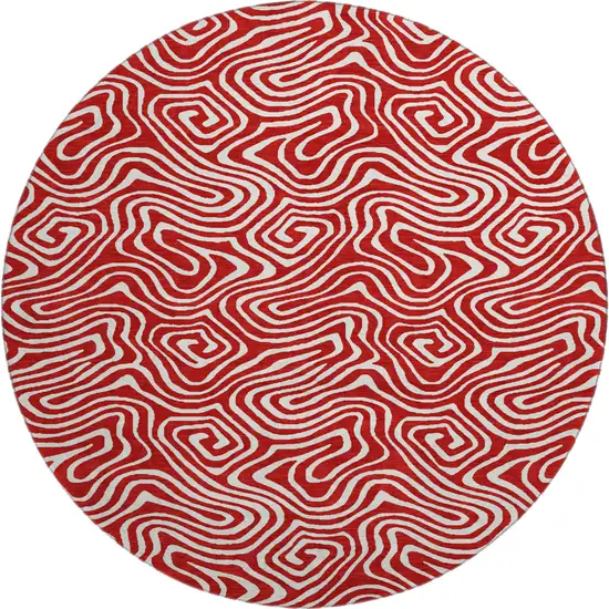8' Red And Ivory Abstract Washable Round Rug With UV Protection Photo 1