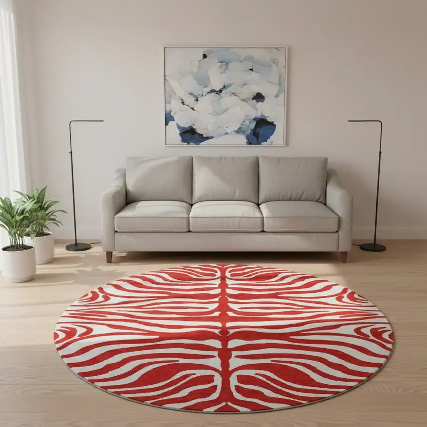 8' Red And Ivory Animal Print Washable Round Rug With UV Protection Photo 2