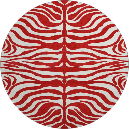 8' Red And Ivory Animal Print Washable Round Rug With UV Protection Photo 1