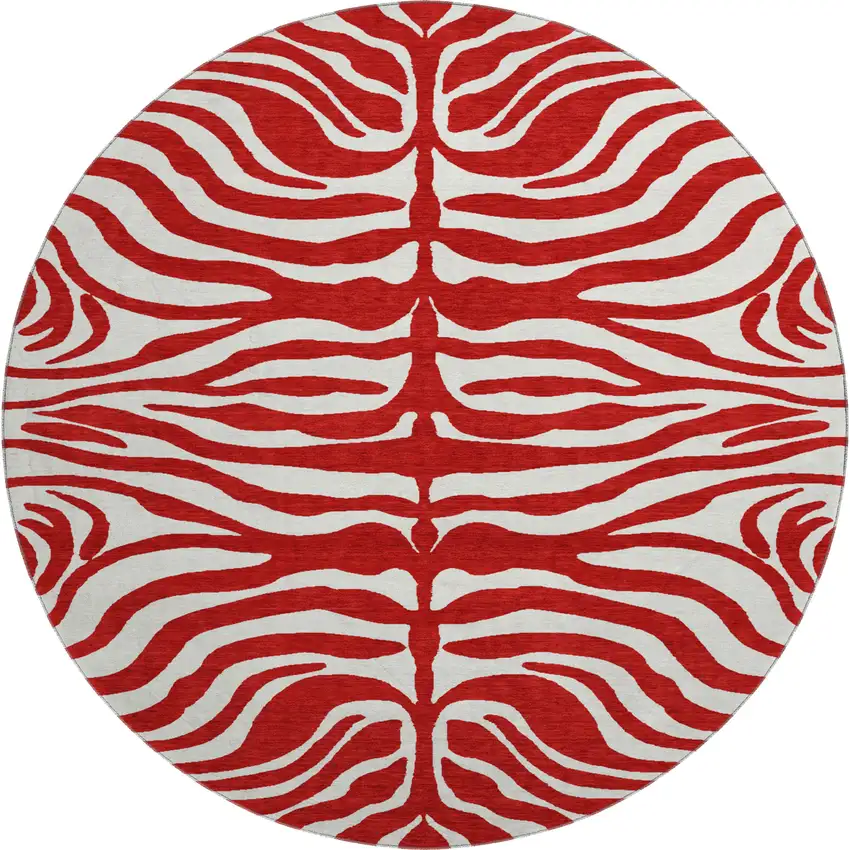 8' Red And Ivory Animal Print Washable Round Rug With UV Protection Photo 1