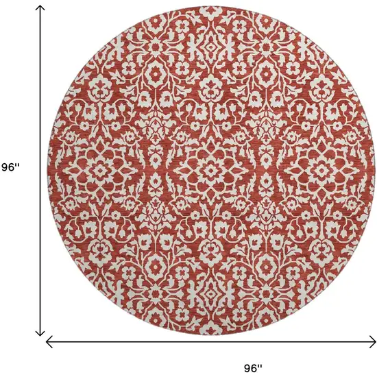8' Red And Ivory Damask Washable Round Rug With UV Protection Photo 3