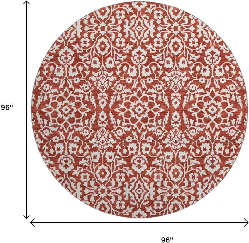 8' Red And Ivory Damask Washable Round Rug With UV Protection Photo 3