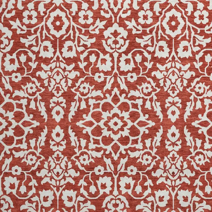 8' Red And Ivory Damask Washable Round Rug With UV Protection Photo 3
