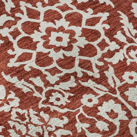 8' Red And Ivory Damask Washable Round Rug With UV Protection Photo 9