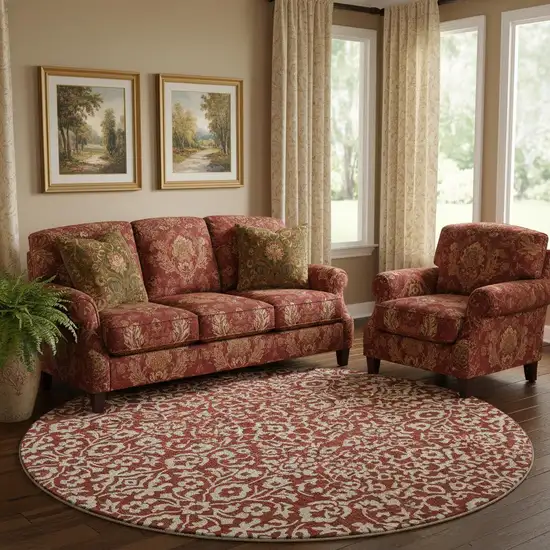 8' Red And Ivory Damask Washable Round Rug With UV Protection Photo 1