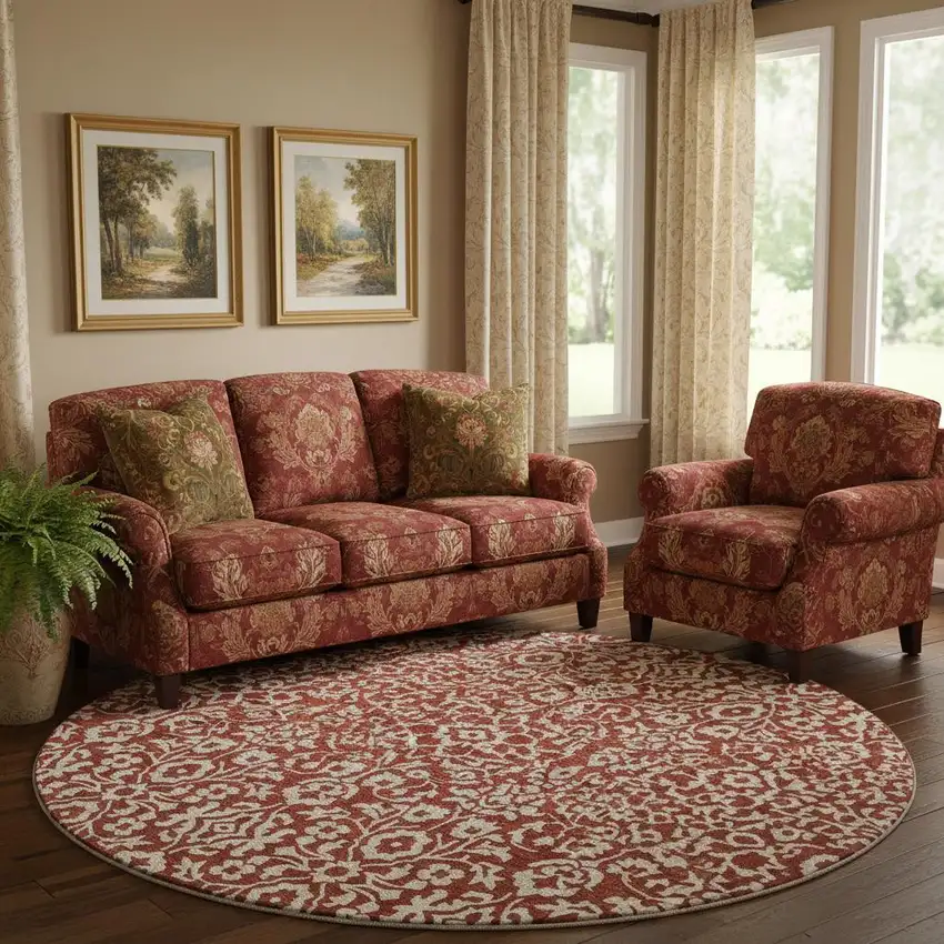 8' Red And Ivory Damask Washable Round Rug With UV Protection Photo 1