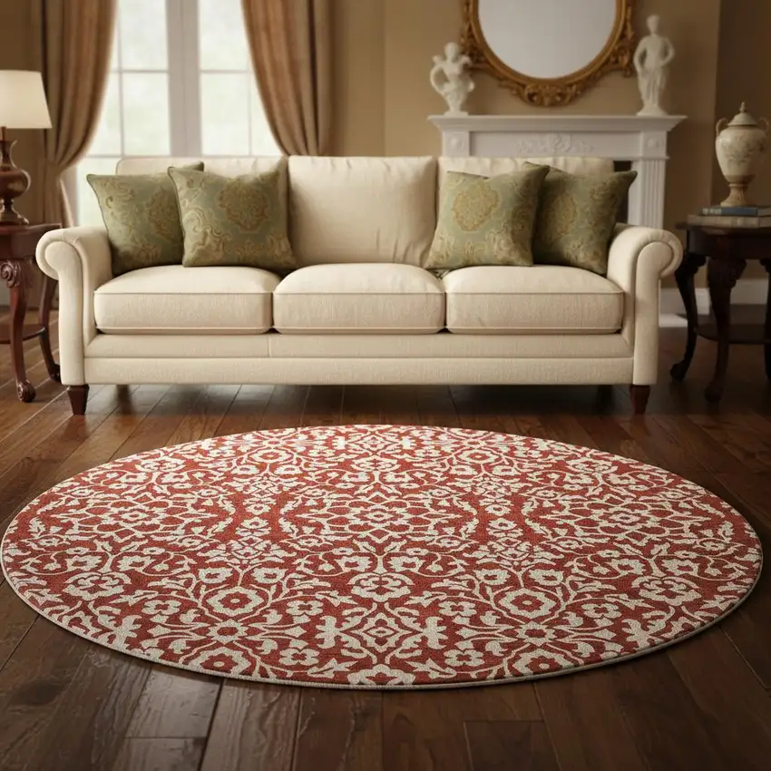 8' Red And Ivory Damask Washable Round Rug With UV Protection Photo 2