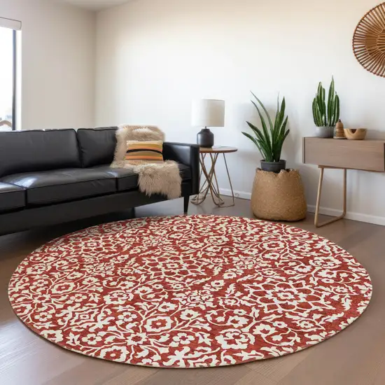 8' Red And Ivory Damask Washable Round Rug With UV Protection Photo 5