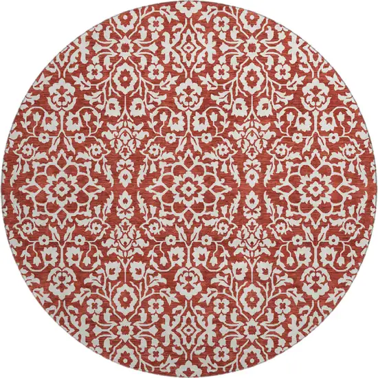 8' Red And Ivory Damask Washable Round Rug With UV Protection Photo 1