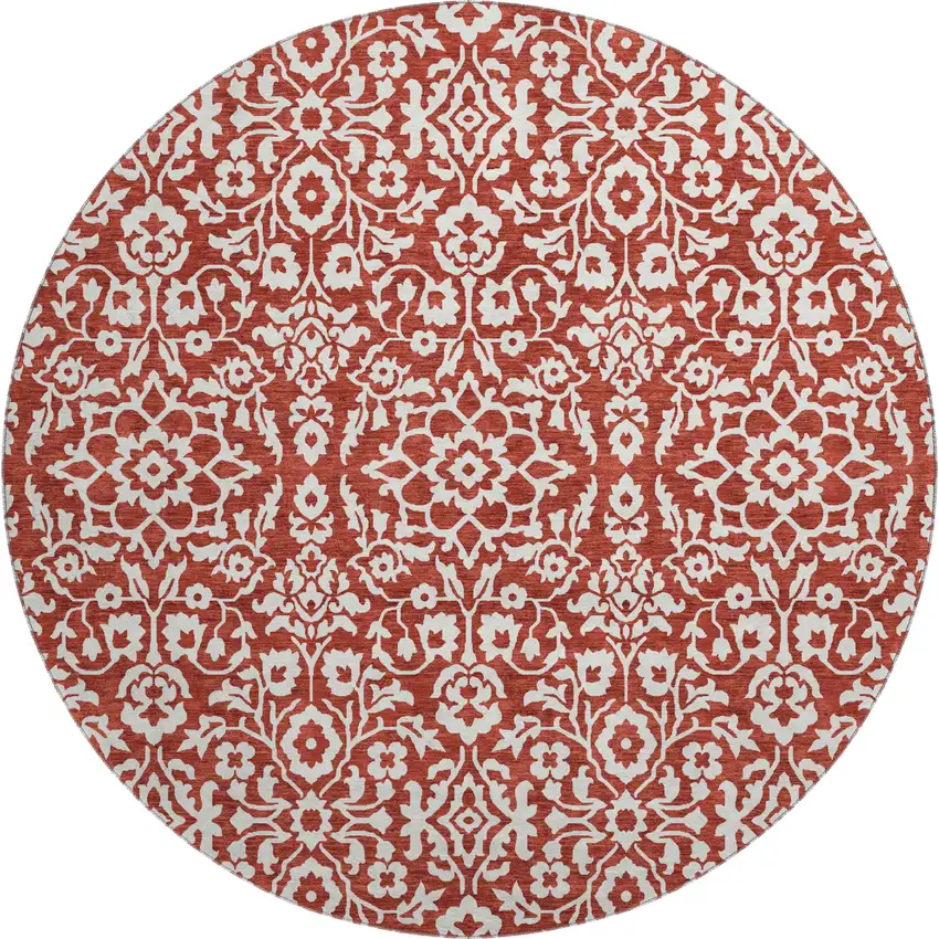 8' Red And Ivory Damask Washable Round Rug With UV Protection Photo 1