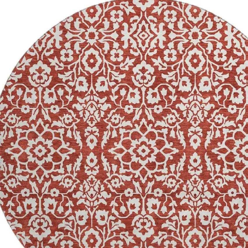 8' Red And Ivory Damask Washable Round Rug With UV Protection Photo 4