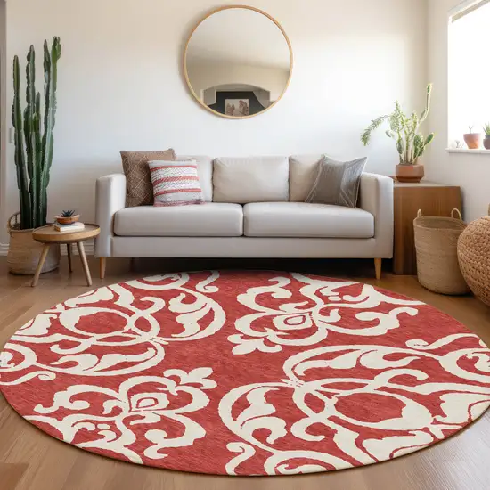 8' Red And Ivory Damask Washable Round Rug With UV Protection Photo 4