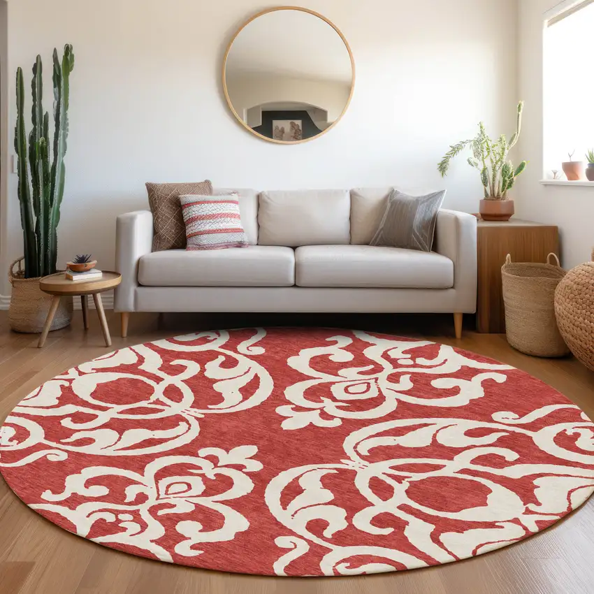 8' Red And Ivory Damask Washable Round Rug With UV Protection Photo 4