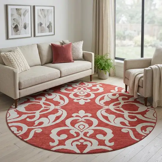 8' Red And Ivory Damask Washable Round Rug With UV Protection Photo 1