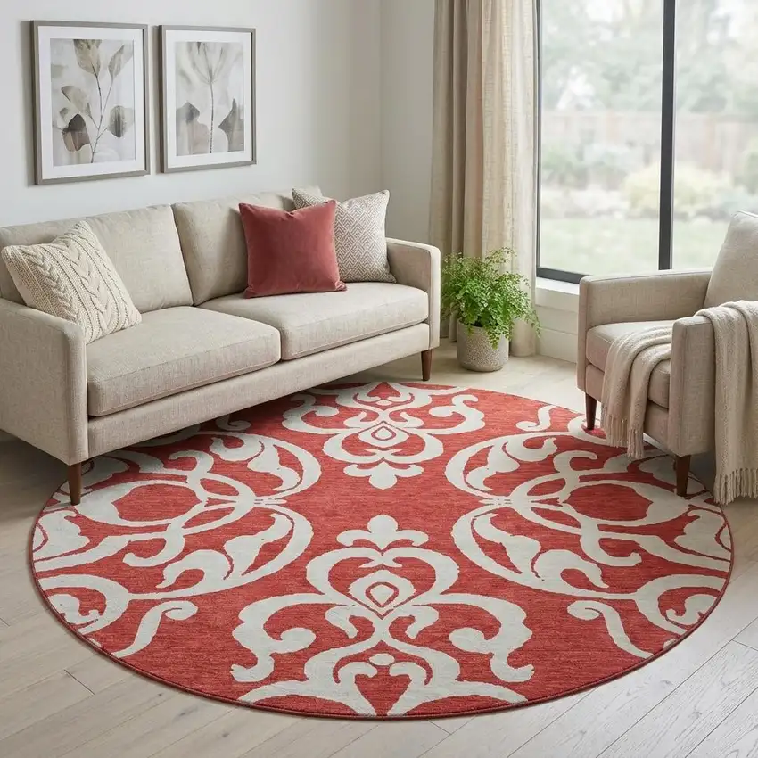 8' Red And Ivory Damask Washable Round Rug With UV Protection Photo 1