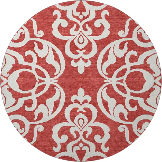 8' Red And Ivory Damask Washable Round Rug With UV Protection Photo 3