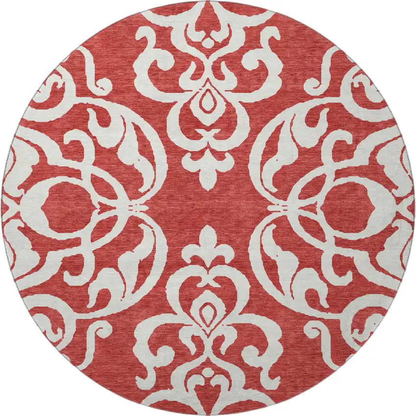 8' Red And Ivory Damask Washable Round Rug With UV Protection Photo 3