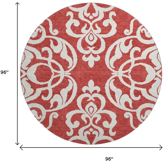 8' Red And Ivory Damask Washable Round Rug With UV Protection Photo 9