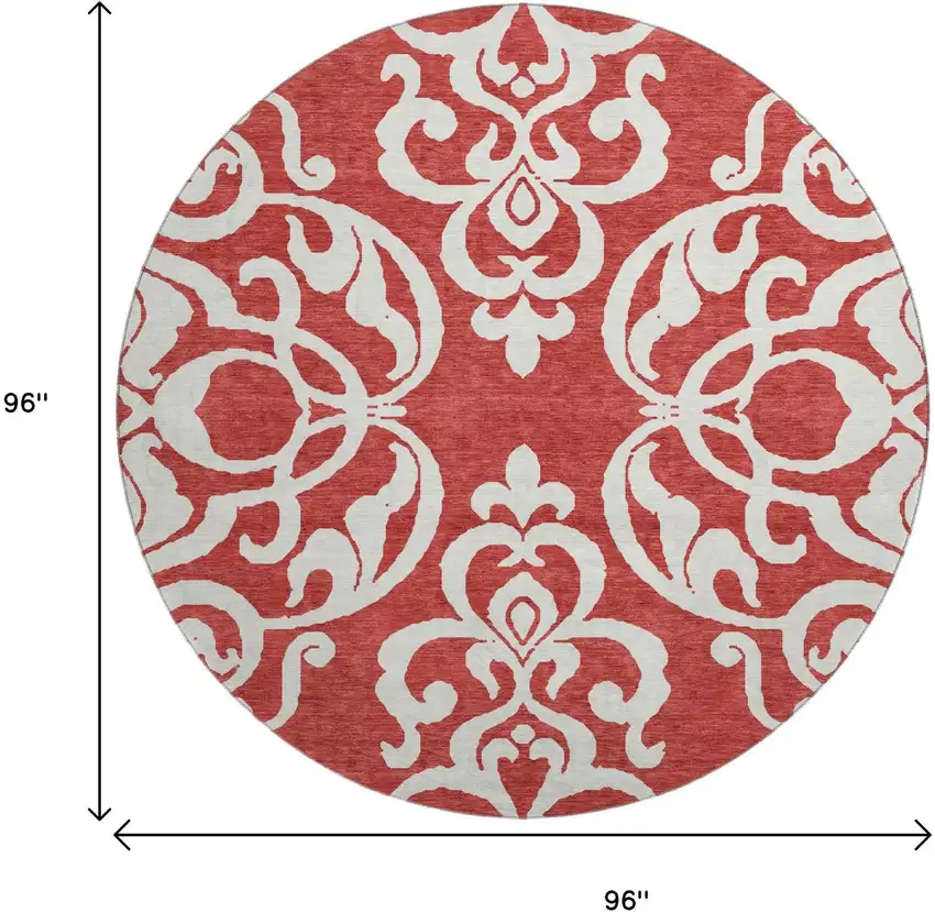8' Red And Ivory Damask Washable Round Rug With UV Protection Photo 9
