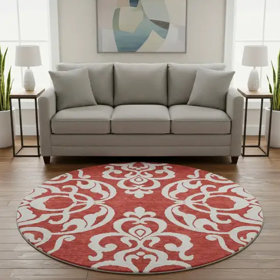 8' Red And Ivory Damask Washable Round Rug With UV Protection Photo 2