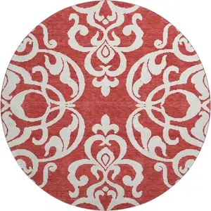 Photo of 8' Red And Ivory Damask Washable Round Rug With UV Protection
