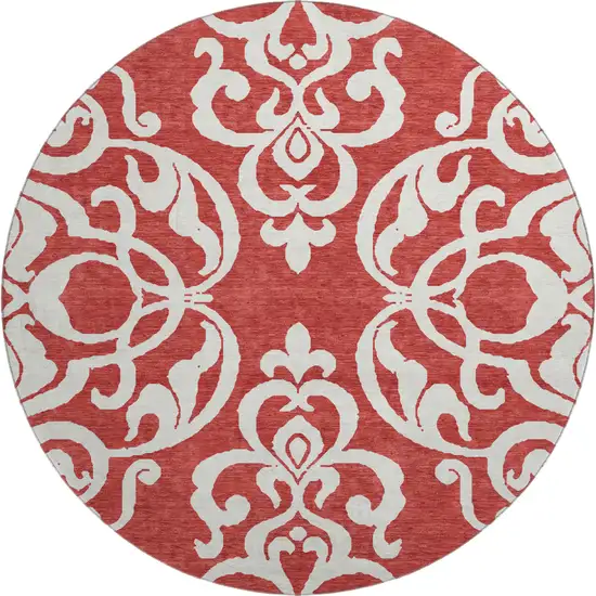 8' Red And Ivory Damask Washable Round Rug With UV Protection Photo 1