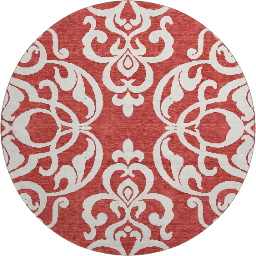 8' Red And Ivory Damask Washable Round Rug With UV Protection Photo 1