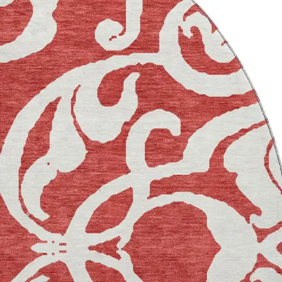 8' Red And Ivory Damask Washable Round Rug With UV Protection Photo 2
