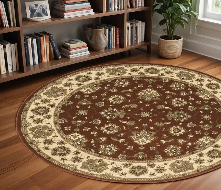 8' Red And Ivory Floral Round Rug Photo 1