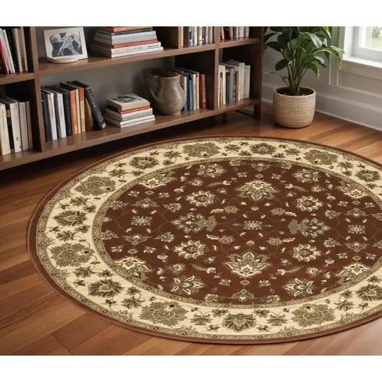 8' Red And Ivory Floral Round Rug Photo 1