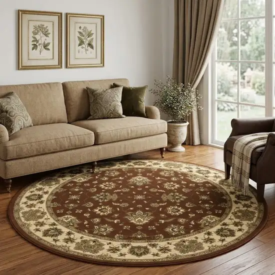 8' Red And Ivory Floral Round Rug Photo 1
