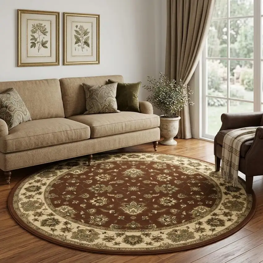 8' Red And Ivory Floral Round Rug Photo 1