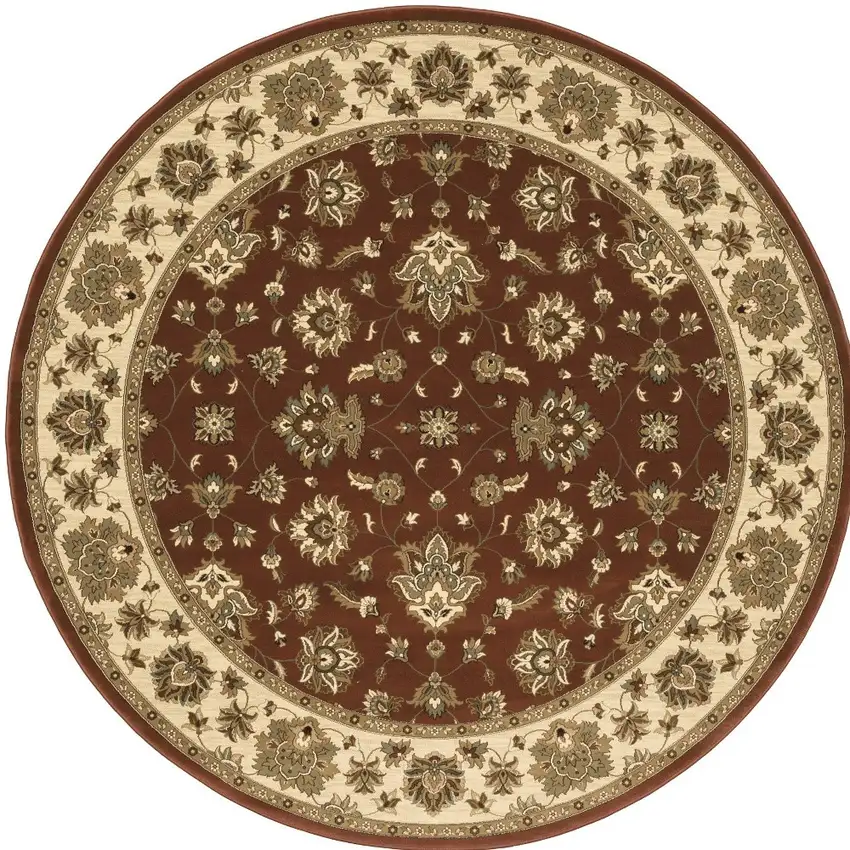 8' Red And Ivory Floral Round Rug Photo 5