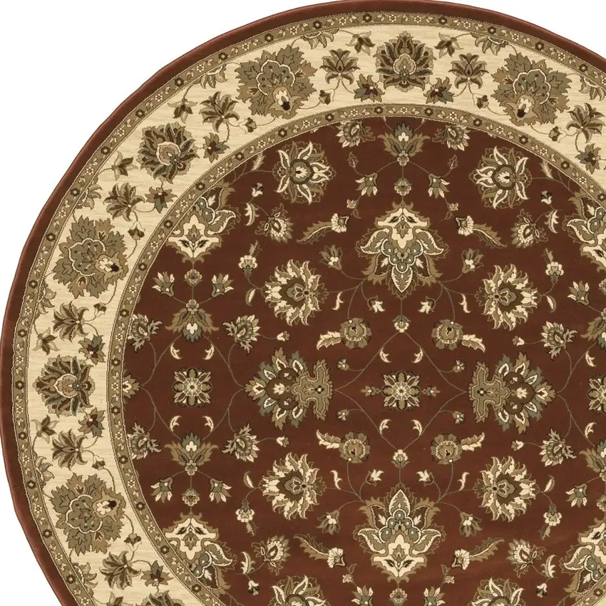 8' Red And Ivory Floral Round Rug Photo 4