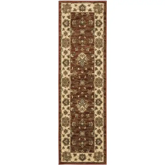 8' Red And Ivory Floral Runner Rug Photo 2