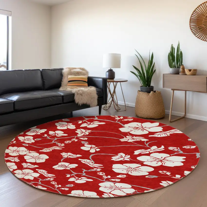 8' Red And Ivory Floral Washable Round Rug With UV Protection Photo 4