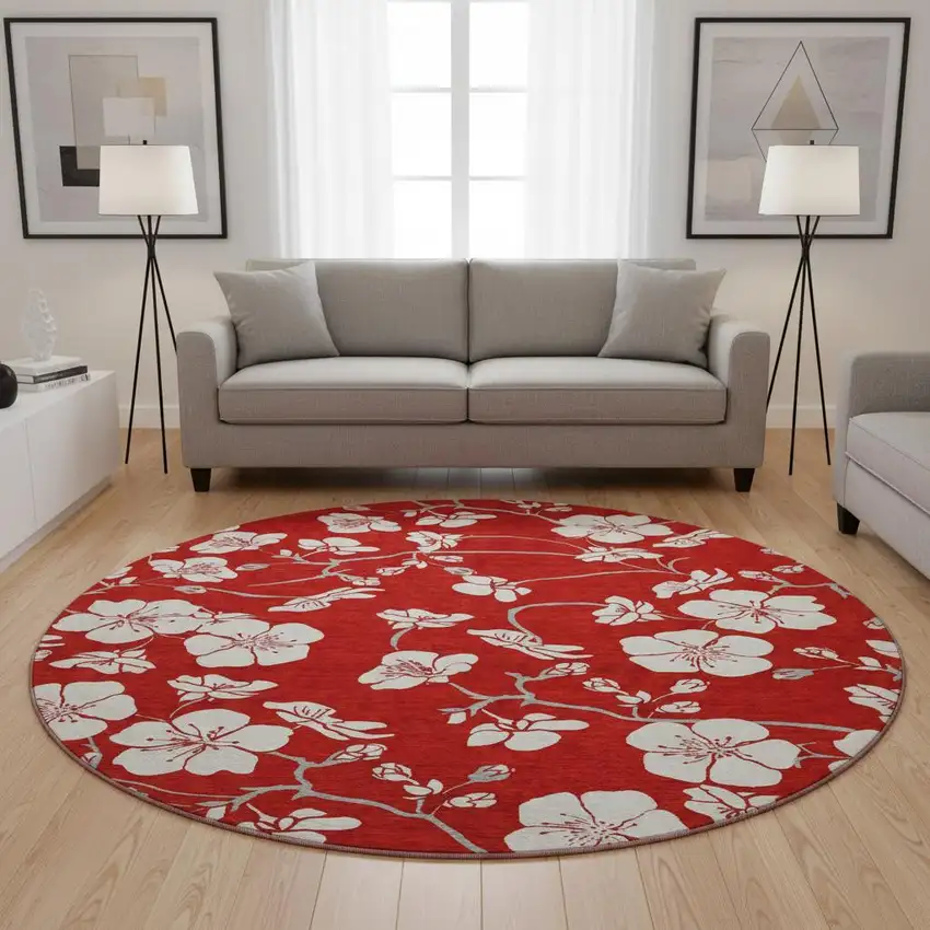 8' Red And Ivory Floral Washable Round Rug With UV Protection Photo 2