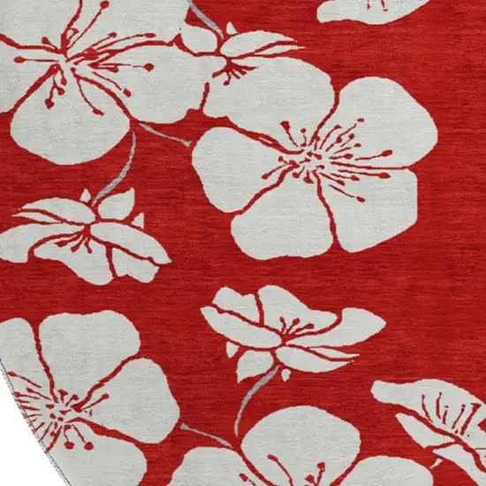 8' Red And Ivory Floral Washable Round Rug With UV Protection Photo 2