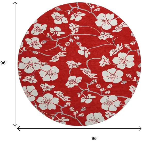 8' Red And Ivory Floral Washable Round Rug With UV Protection Photo 9