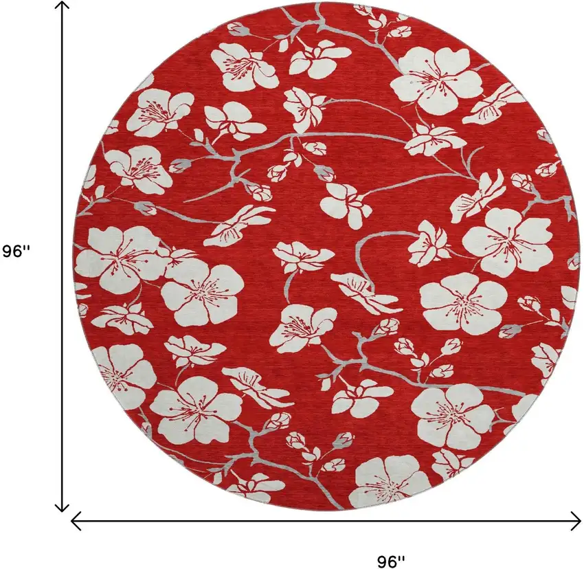 8' Red And Ivory Floral Washable Round Rug With UV Protection Photo 9