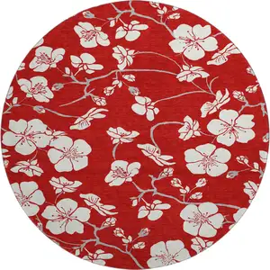 Photo of 8' Red And Ivory Floral Washable Round Rug With UV Protection