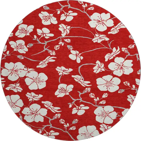 8' Red And Ivory Floral Washable Round Rug With UV Protection Photo 1