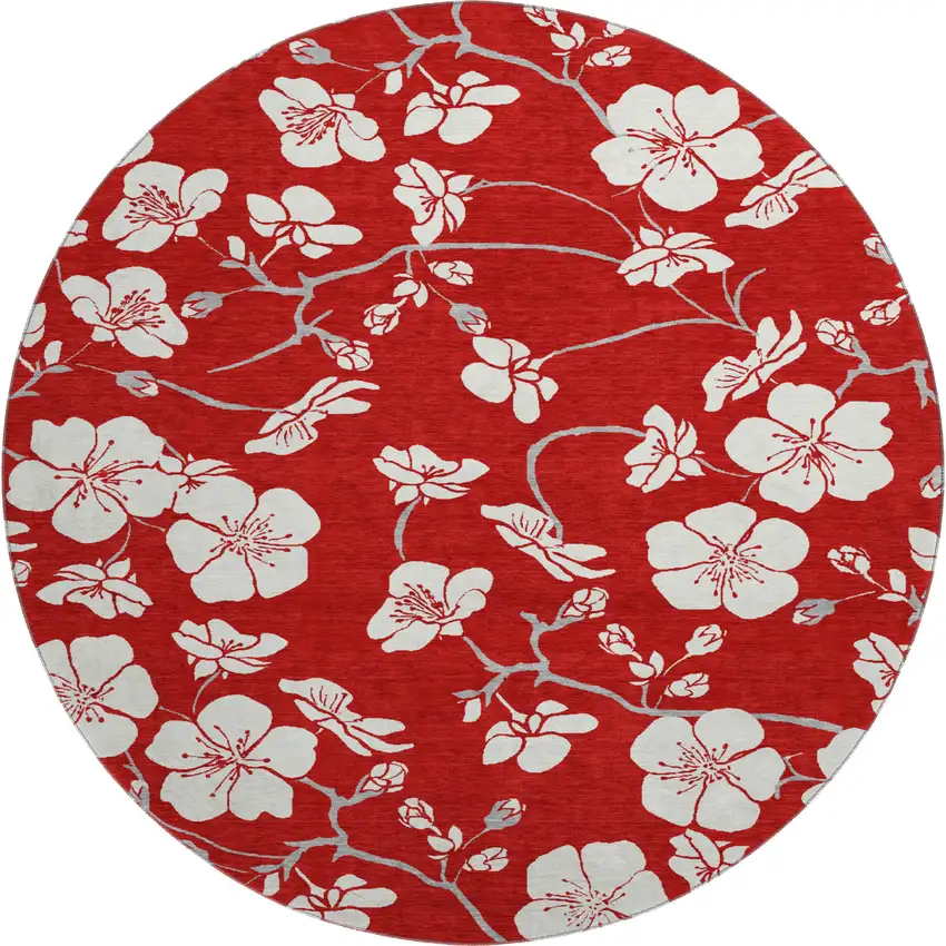 8' Red And Ivory Floral Washable Round Rug With UV Protection Photo 1