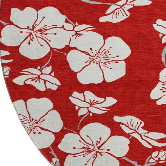 8' Red And Ivory Floral Washable Round Rug With UV Protection Photo 3