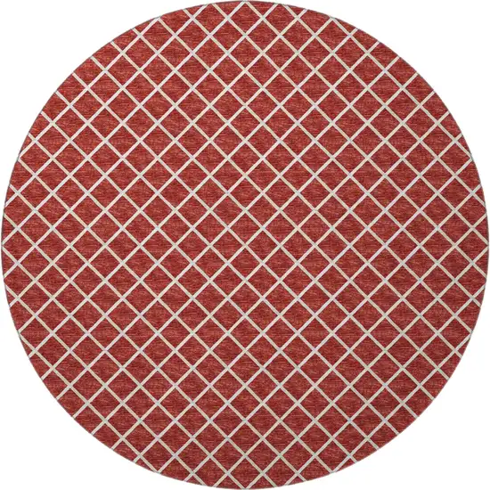 8' Red And Ivory Geometric Washable Round Rug With UV Protection Photo 4