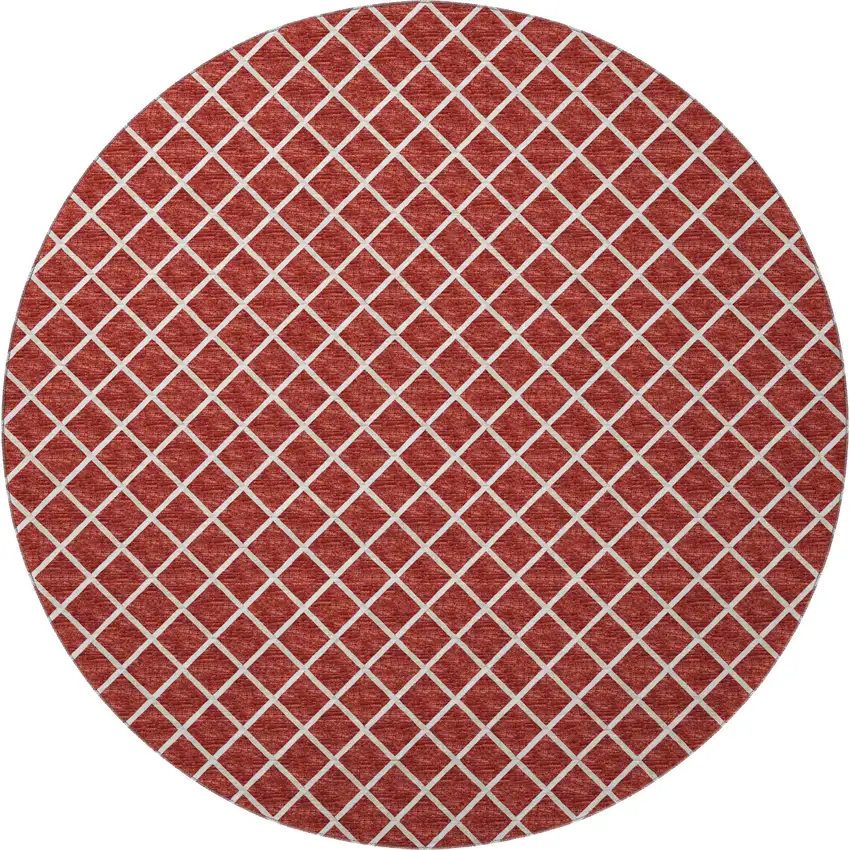 8' Red And Ivory Geometric Washable Round Rug With UV Protection Photo 4