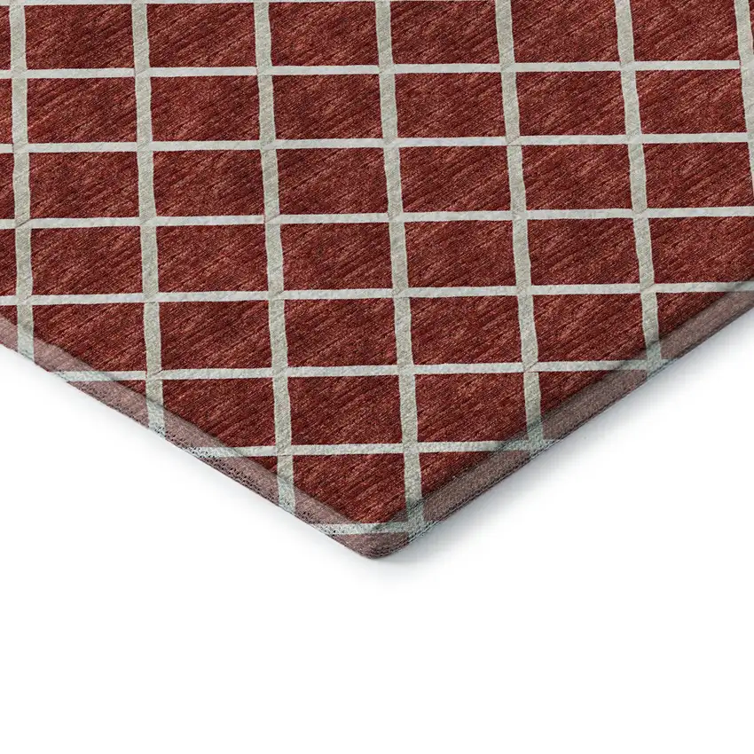 8' Red And Ivory Geometric Washable Round Rug With UV Protection Photo 7