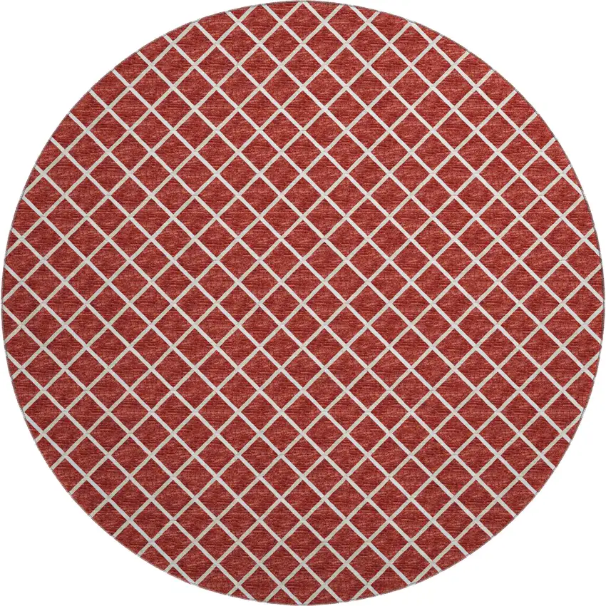 8' Red And Ivory Geometric Washable Round Rug With UV Protection Photo 2