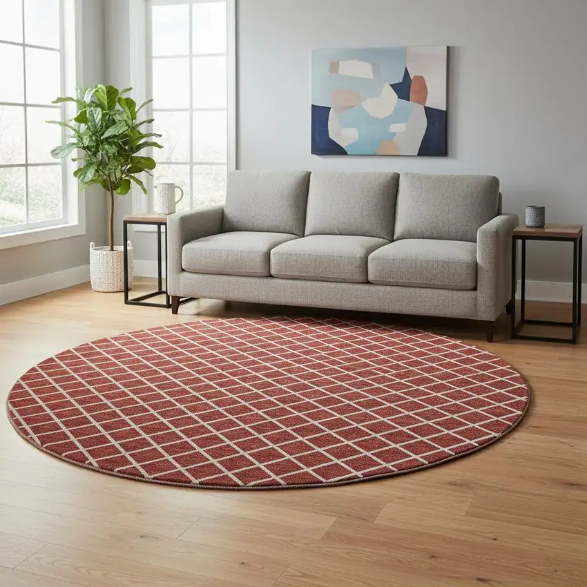 8' Red And Ivory Geometric Washable Round Rug With UV Protection Photo 1