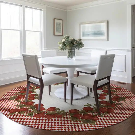 8' Red And Ivory Geometric Washable Round Rug With UV Protection Photo 4